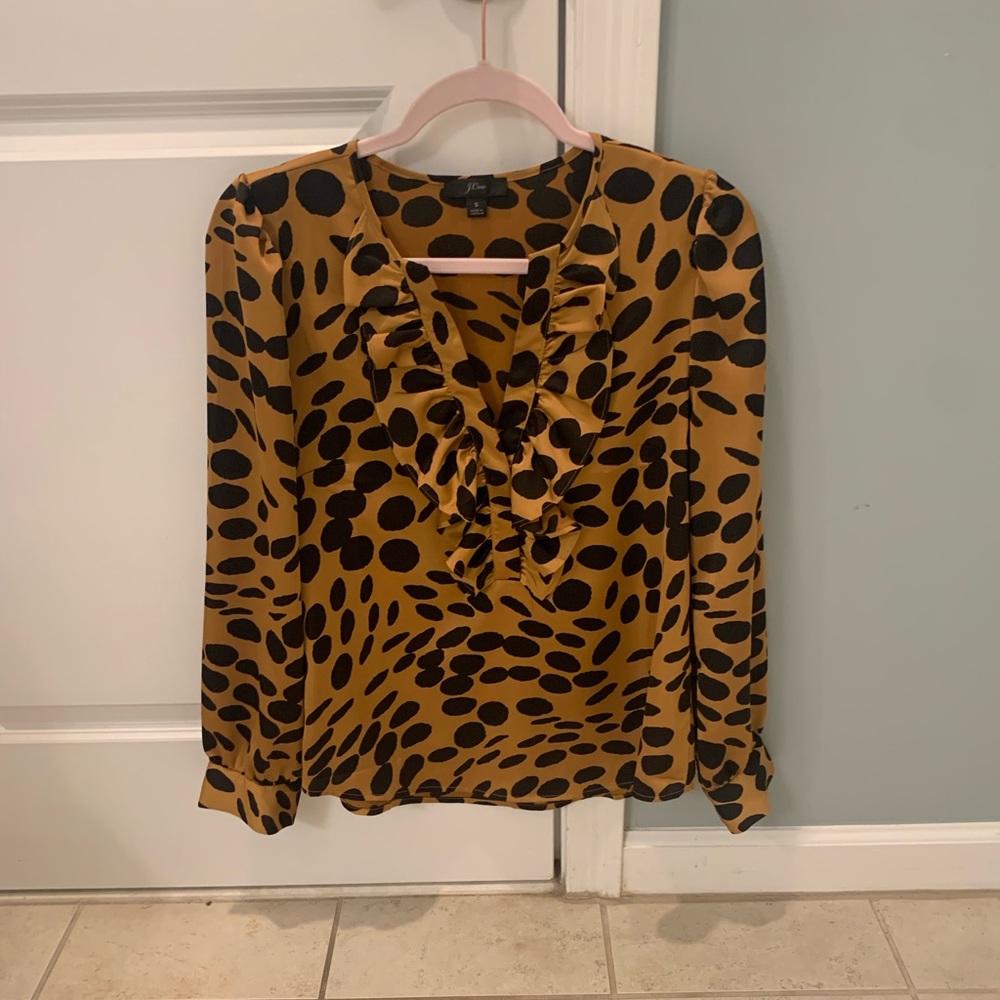 Women’s satin JCrew blouse. Leopard print, puff sleeves with buttons at wrist.